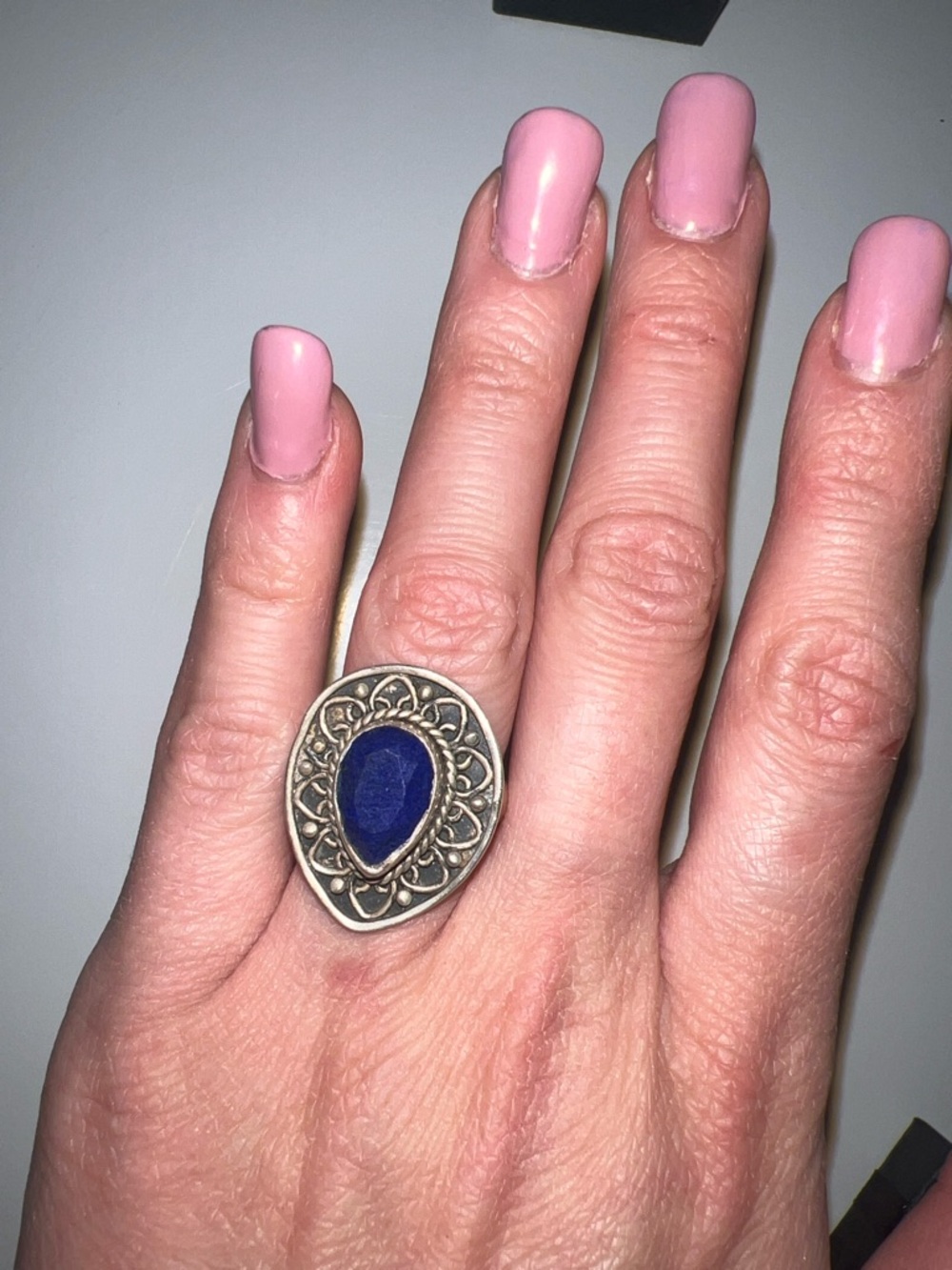 Zales Silver Teardrop Blue Stone Filigree Ring - Women Jewelry